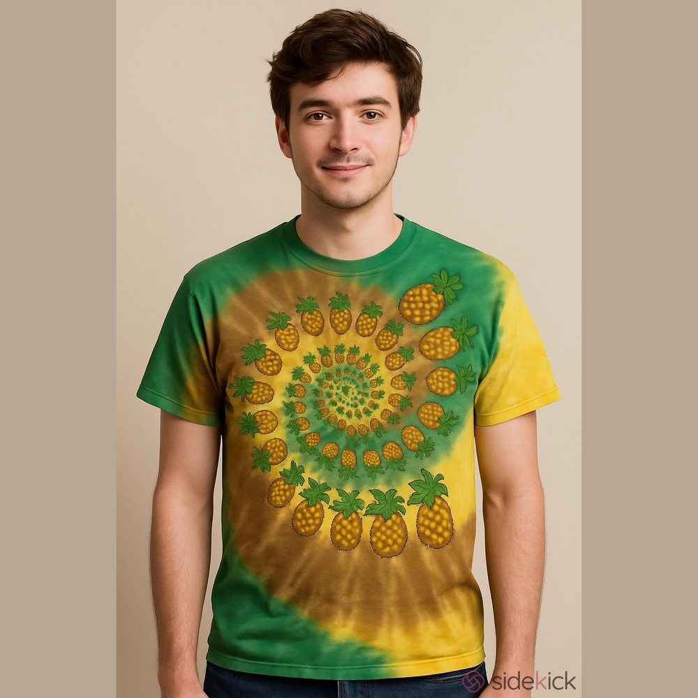 Liquid Blue Green Yellow Brown Tie-Dye Pineapple Spiral Tee L